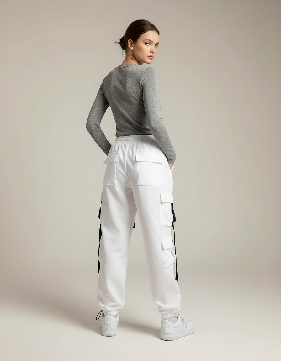 Pantalon Cargo Blanc Ample Multipoches Sangles Femme - Polyester - vue 2