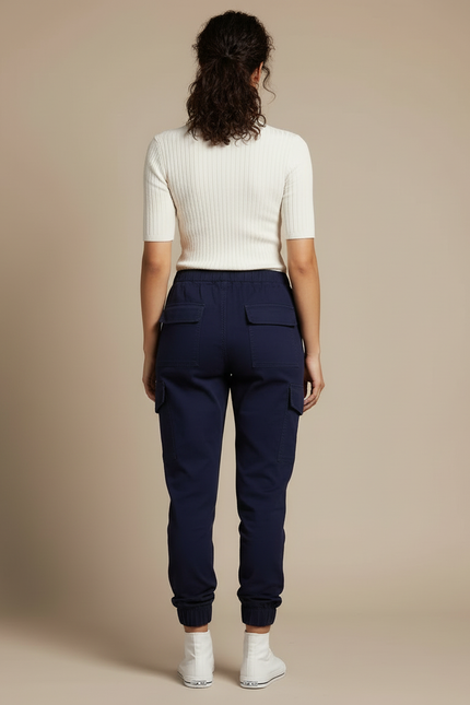 Pantalon Cargo Bleu Marine Cordon Cheville Élastique Décontracté - Coton - vue 2