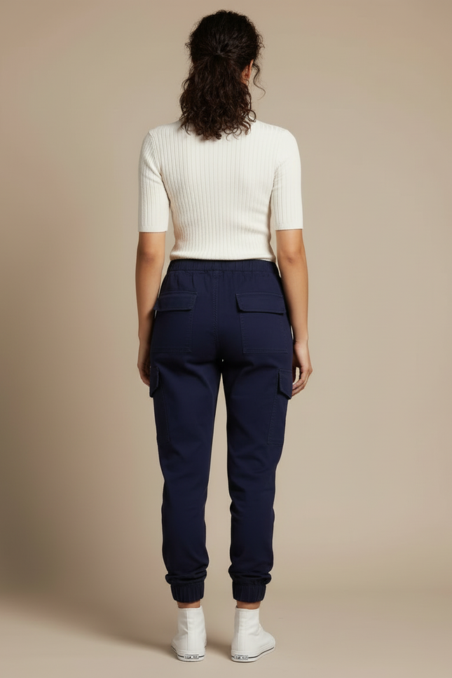 Pantalon Cargo Bleu Marine Cordon Cheville Élastique Décontracté - Coton - vue 2
