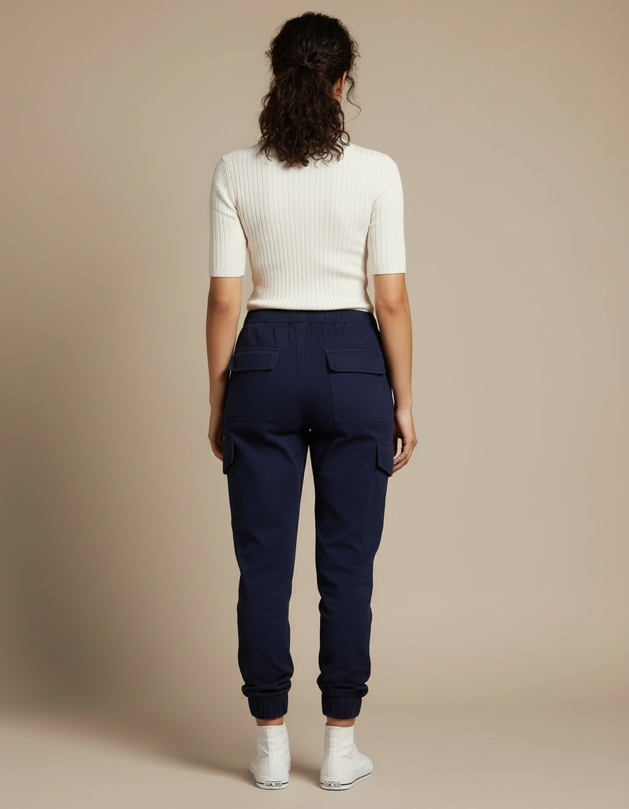 Pantalon Cargo Bleu Marine Cordon Cheville Élastique Décontracté - Coton - vue 2