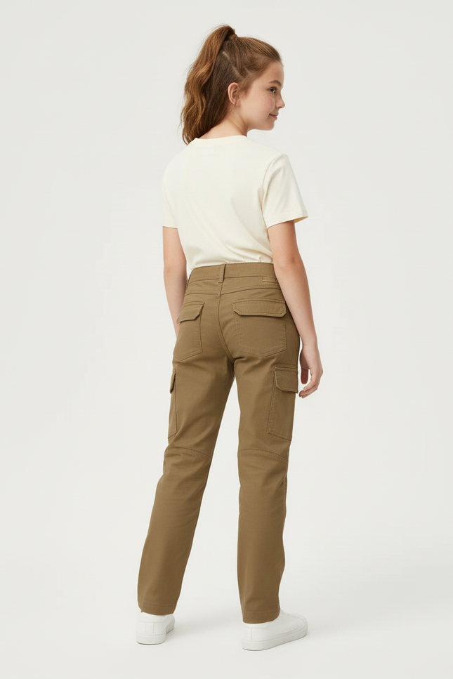 Pantalon Cargo Kaki Enfant Multipoches Coton Coupe Droite - Toile - vue 2