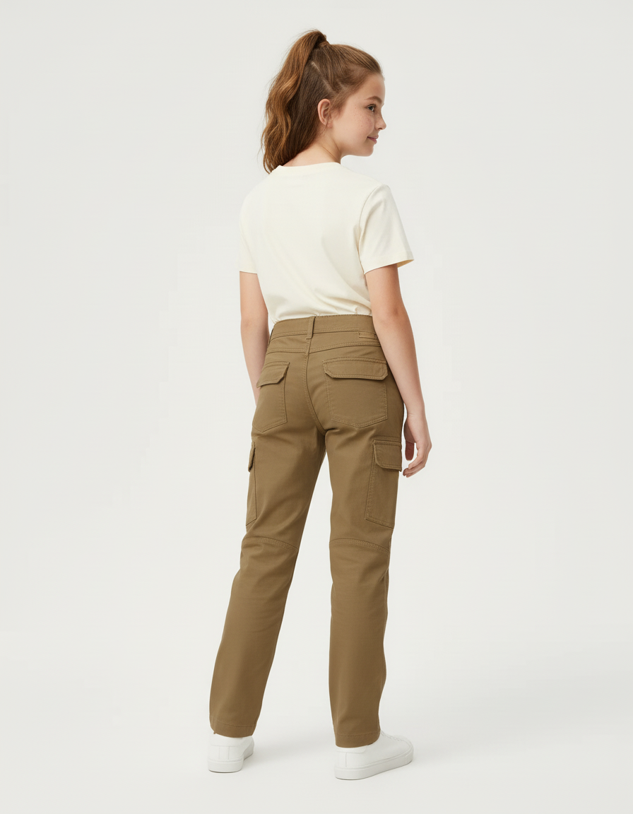 Pantalon Cargo Kaki Enfant Multipoches Coton Coupe Droite - Toile - vue 2