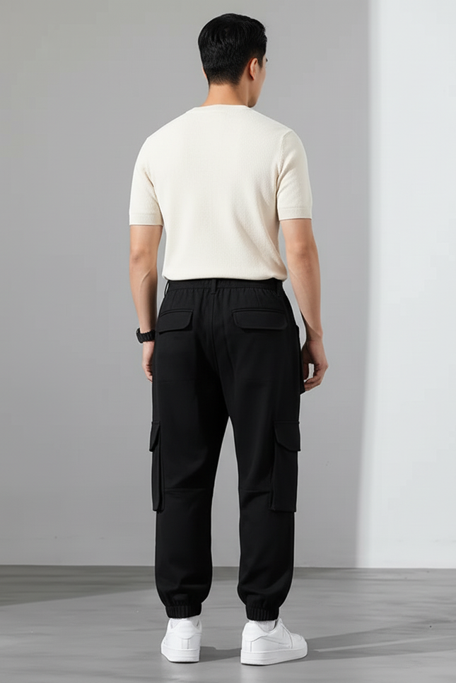 Pantalon Cargo Noir Ample Coton Homme Streetwear - vue 2