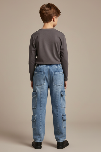 Pantalon Cargo Denim Clair Poches Multiples Garçon - Bleu Jean - vue 2