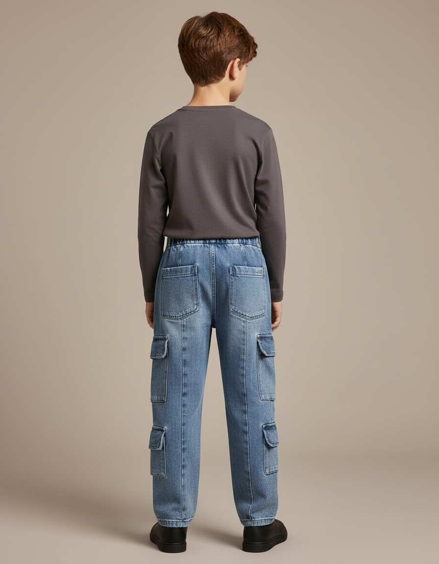 Pantalon Cargo Denim Clair Poches Multiples Garçon - Bleu Jean - vue 2