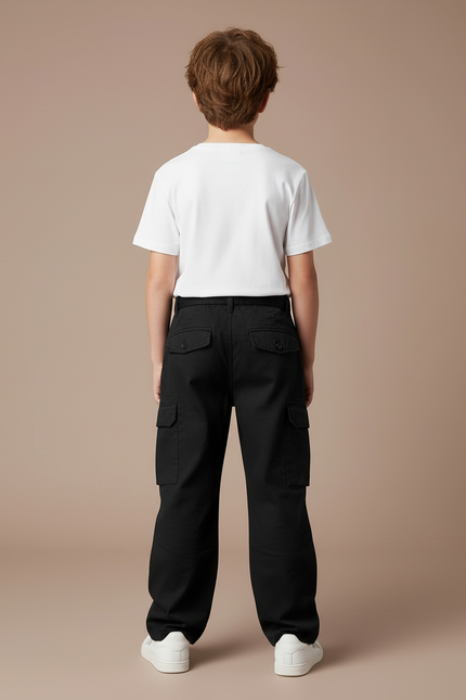 Pantalon Cargo Noir Ample Multipoches Enfant Garçon - Gabardine - vue 2