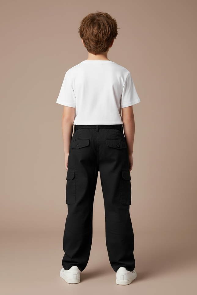 Pantalon Cargo Noir Ample Multipoches Enfant Garçon - Gabardine - vue 2