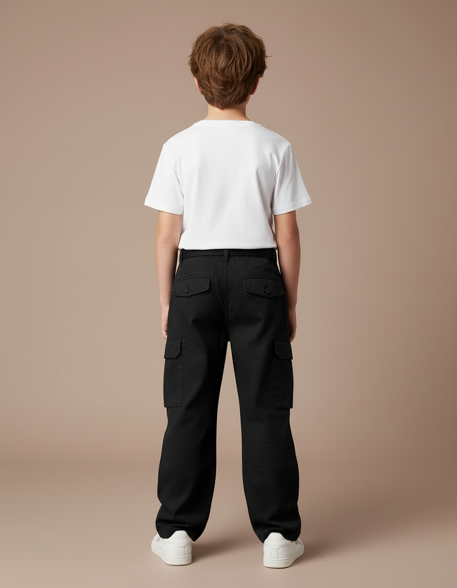 Pantalon Cargo Noir Ample Multipoches Enfant Garçon - Gabardine - vue 2