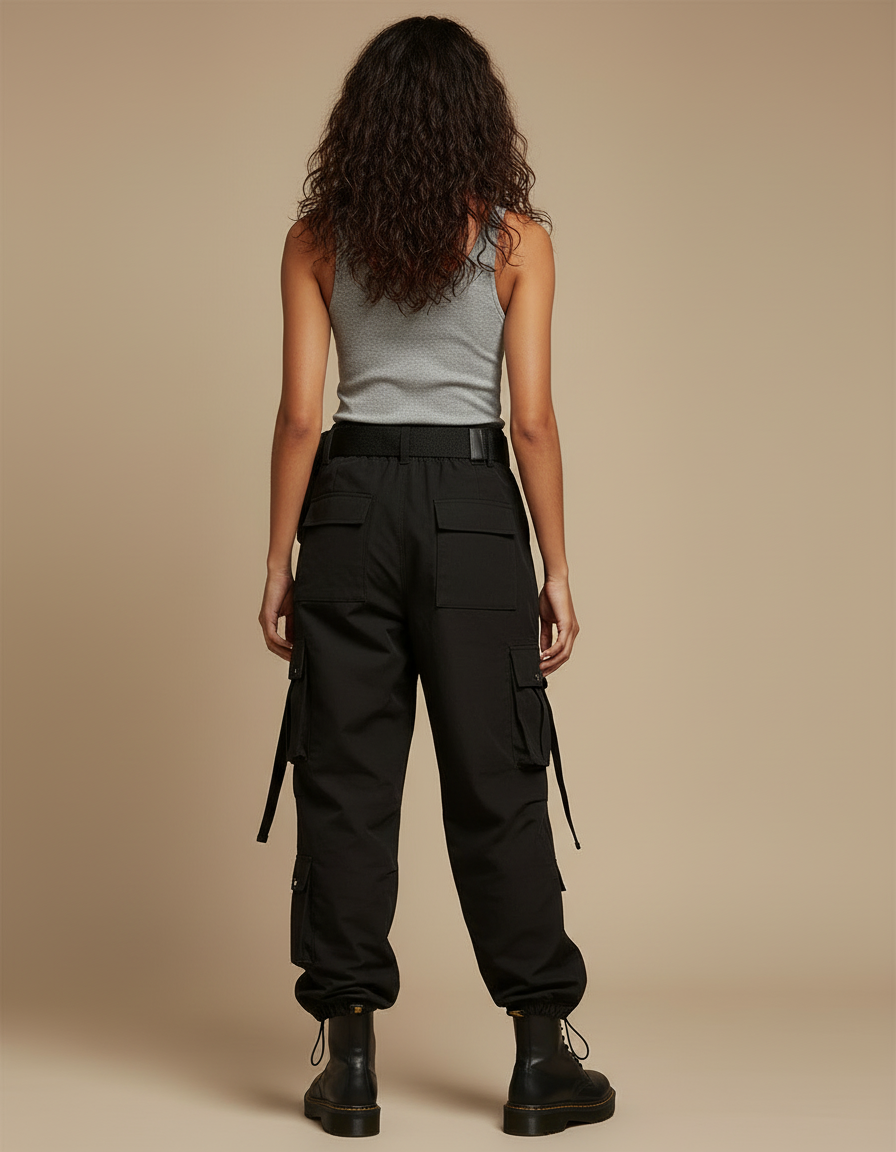 Pantalon Cargo Noir Découpes Amovibles Streetwear Femme - Toile - vue 2