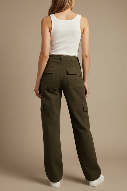 Pantalon Cargo Vert Militaire Ample Taille Haute Femme - Kaki Toile - vue 2