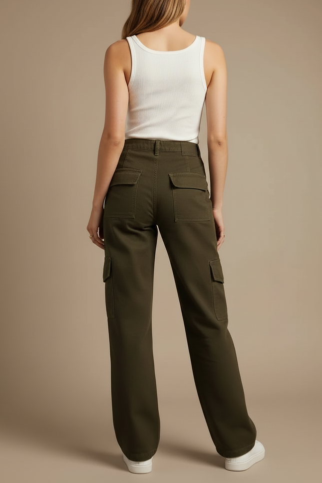 Pantalon Cargo Vert Militaire Ample Taille Haute Femme - Kaki Toile - vue 2