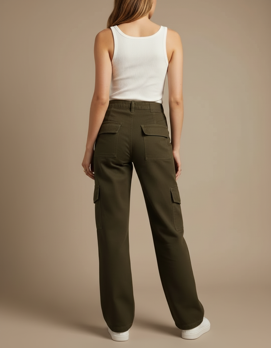 Pantalon Cargo Vert Militaire Ample Taille Haute Femme - Kaki Toile - vue 2