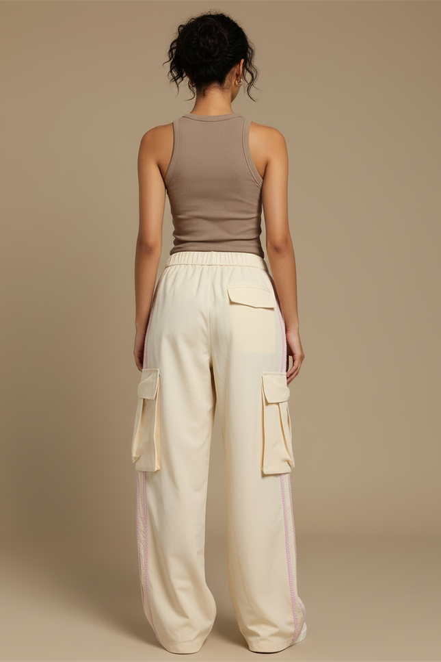 Pantalon Cargo Écru Ample Poches Latérales Streetwear - Beige Gabardine - vue 2