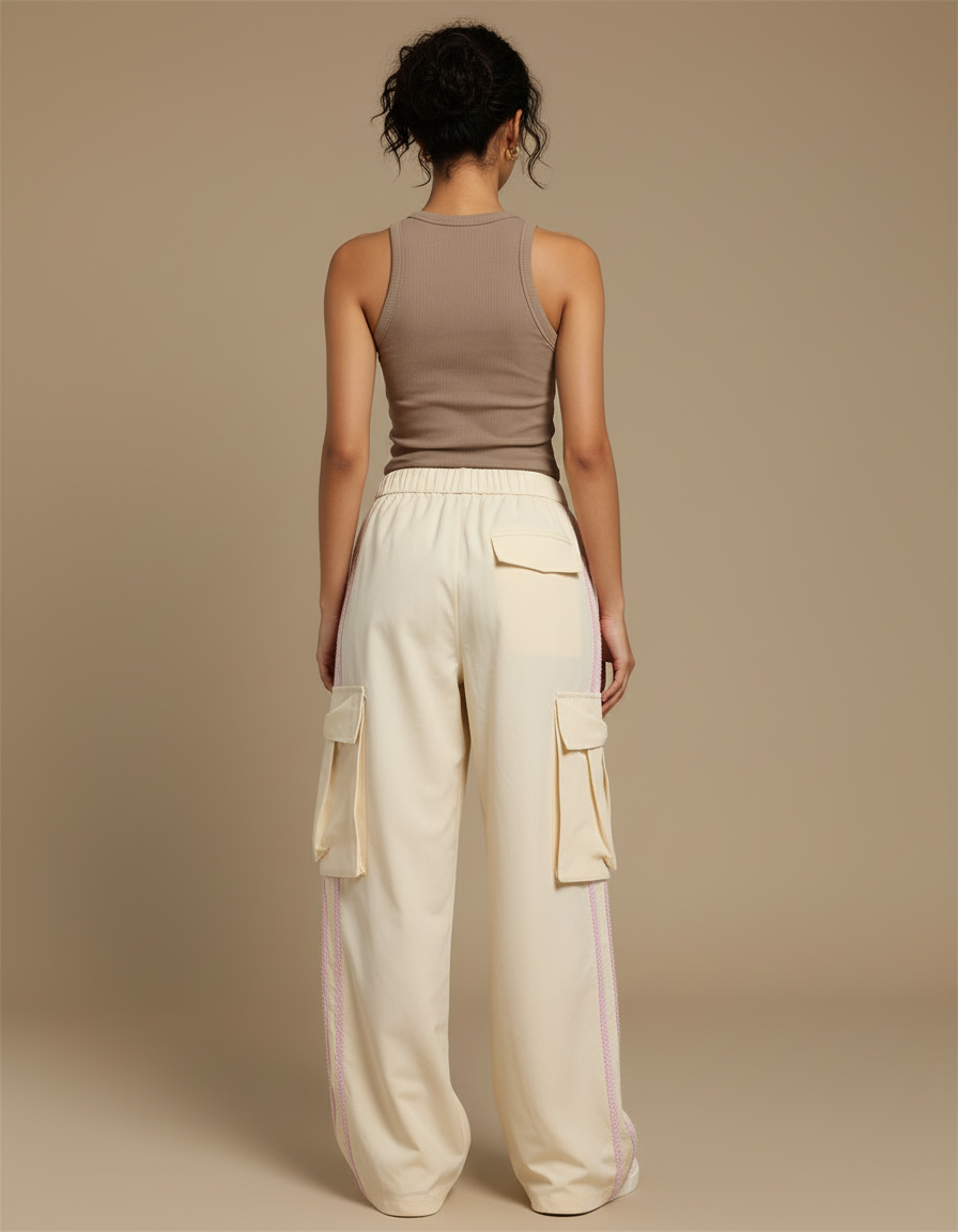 Pantalon Cargo Écru Ample Poches Latérales Streetwear - Beige Gabardine - vue 2
