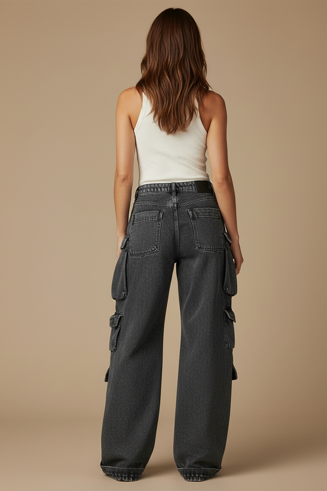 Pantalon Cargo Baggy Denim Gris Multipoches Vintage Femme - Jean - vue 2