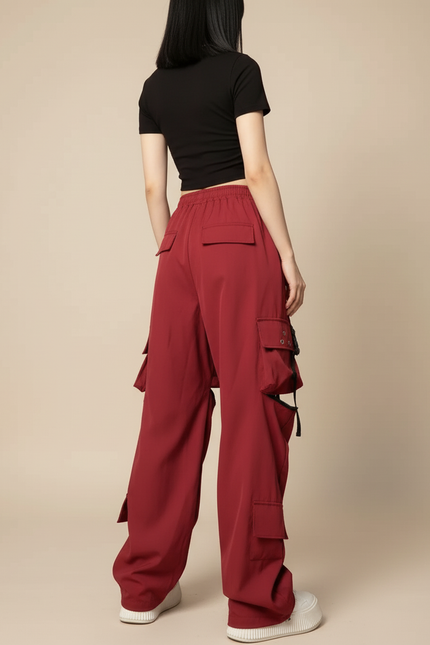 Pantalon Cargo Rouge Ample Multipoches Découpes Femme - Bordeaux Polyester - vue 2