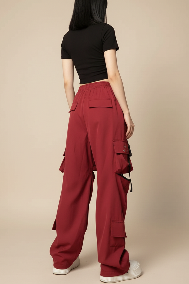 Pantalon Cargo Rouge Ample Multipoches Découpes Femme - Bordeaux Polyester - vue 2
