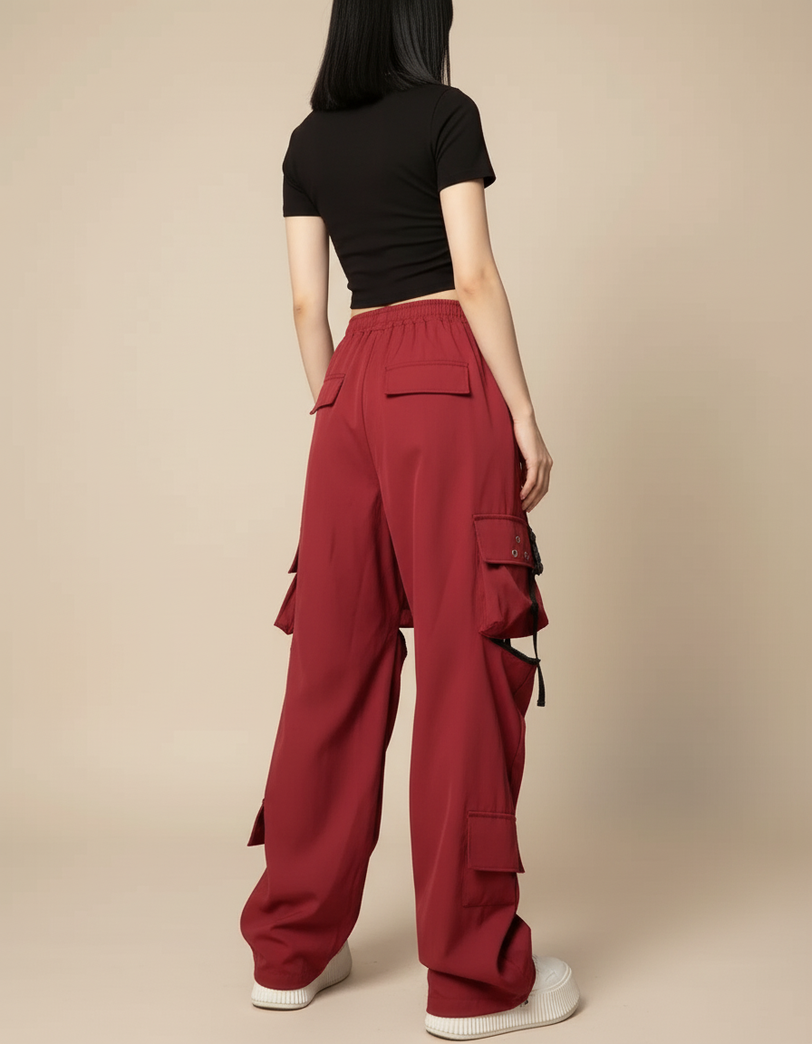 Pantalon Cargo Rouge Ample Multipoches Découpes Femme - Bordeaux Polyester - vue 2