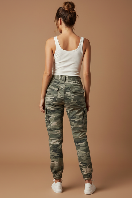 Pantalon Cargo Camouflage Vert Coton Décontracté Femme - vue 2