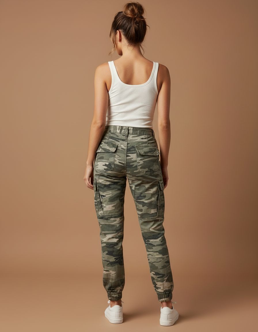 Pantalon Cargo Camouflage Vert Coton Décontracté Femme - vue 2