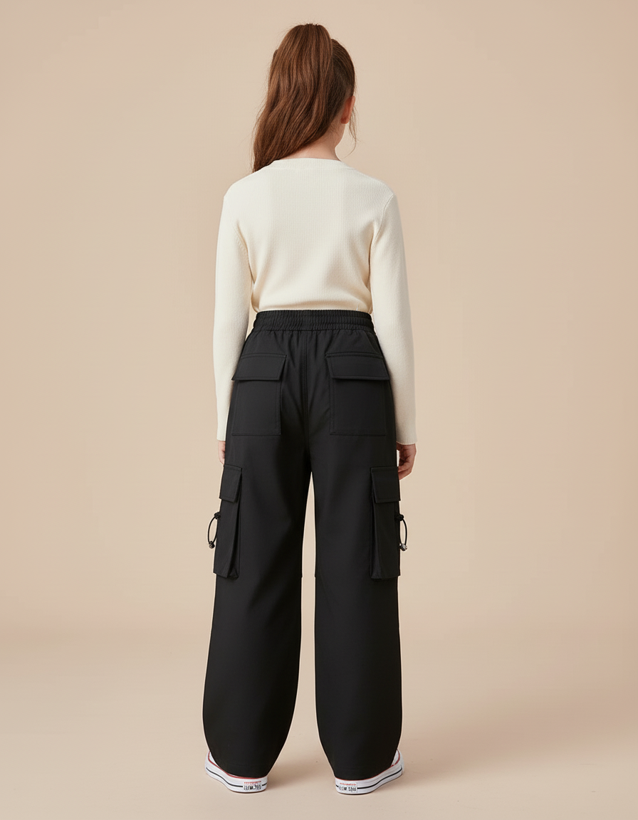 Pantalon Cargo Noir Ample Multipoches Décontracté Fille - Polyester - vue 2