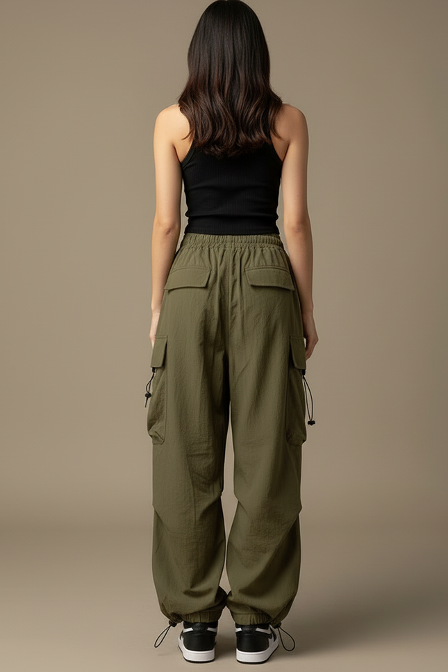 Pantalon Cargo Vert Ample Hippie Femme - Kaki Polyester - vue 2