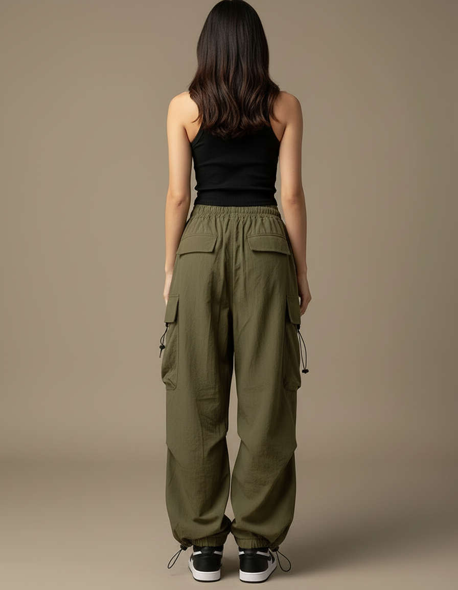 Pantalon Cargo Vert Ample Hippie Femme - Kaki Polyester - vue 2