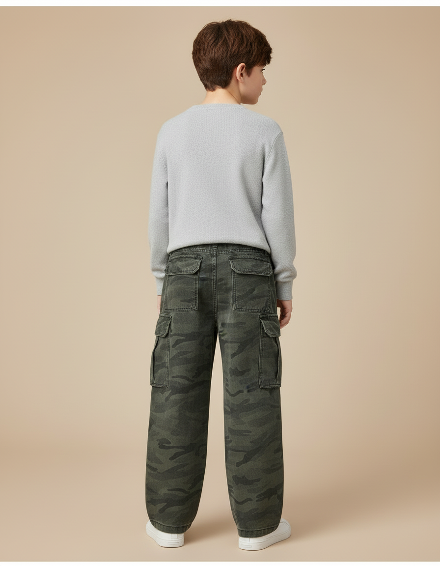 Pantalon Cargo Camouflage Ample Garçon Décontracté Coton - Kaki - vue 2