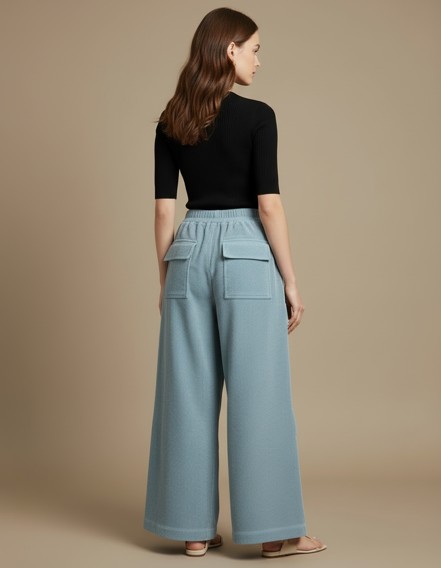 Pantalon Cargo Bleu Côtelé Ample Confortable Femme - Cordé - vue 2