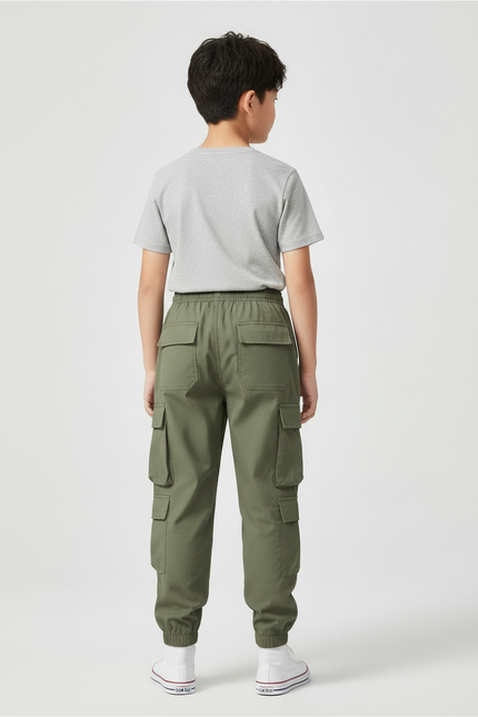 Pantalon Cargo Vert Olive Ample Enfant - Kaki Toile - vue 2