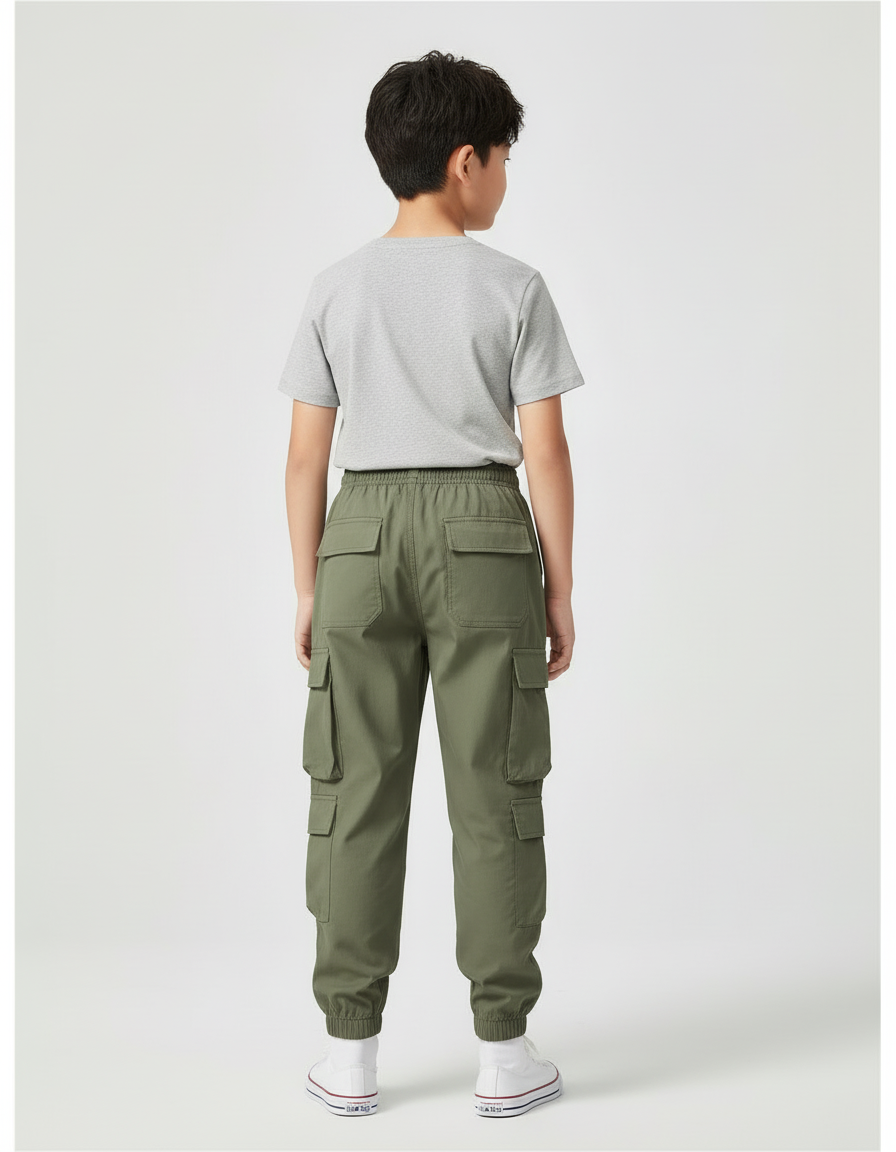 Pantalon Cargo Vert Olive Ample Enfant - Kaki Toile - vue 2