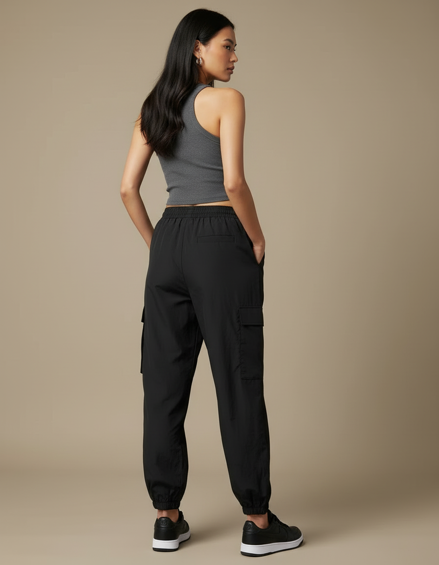 Pantalon Cargo Noir Fluide Sportif Femme - Polyester - vue 2