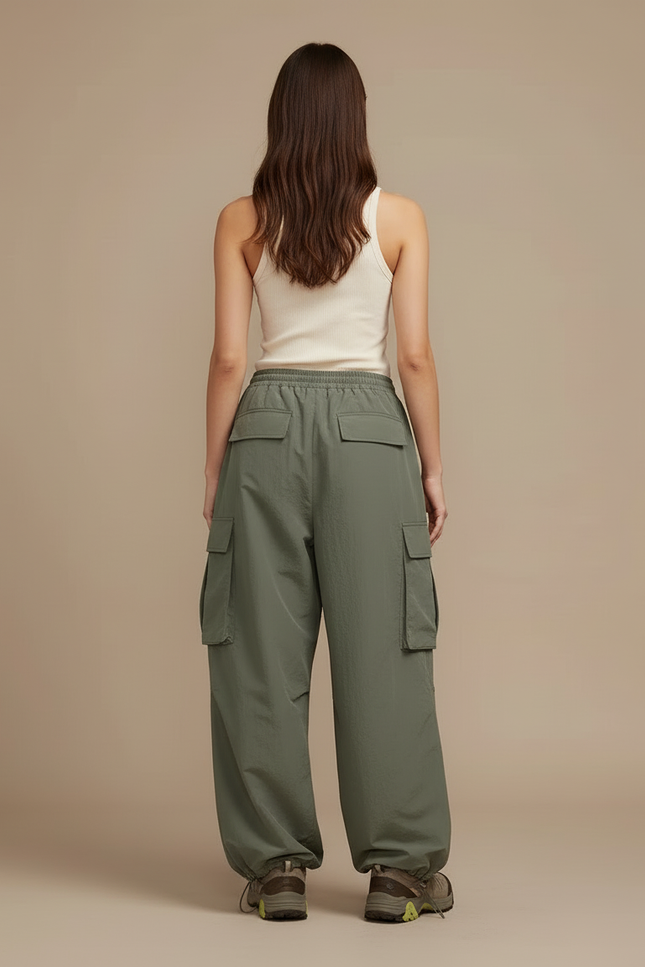 Pantalon Cargo Vert Large Oversize Streetwear Femme - Kaki Polyester - vue 2