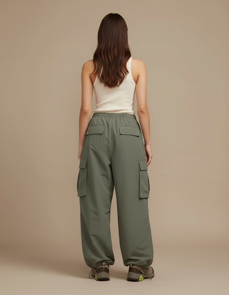 Pantalon Cargo Vert Large Oversize Streetwear Femme - Kaki Polyester - vue 2