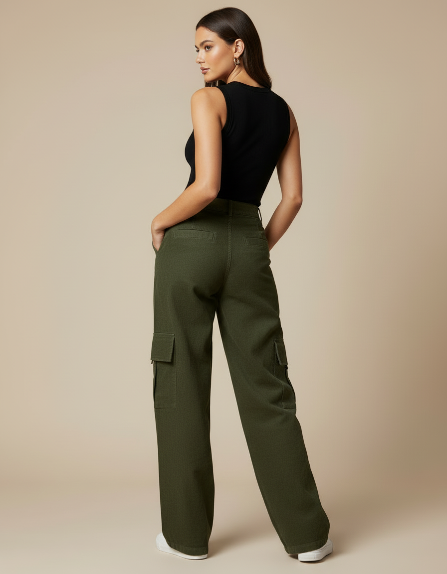 Pantalon Cargo Coton Femme - Kaki Cordé - vue 2