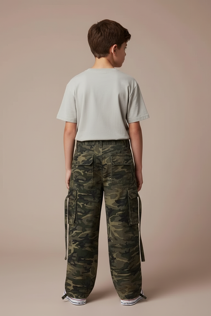 Pantalon Cargo Camouflage Ample Garçon Militaire Coton - Kaki Toile - vue 2