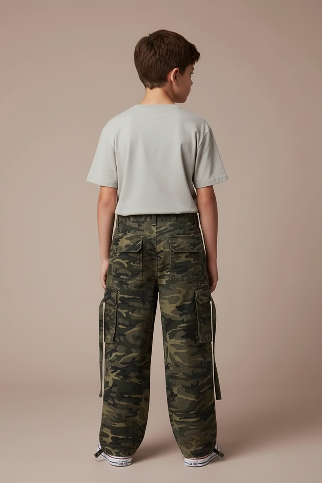 Pantalon Cargo Camouflage Ample Garçon Militaire Coton - Kaki Toile - vue 2