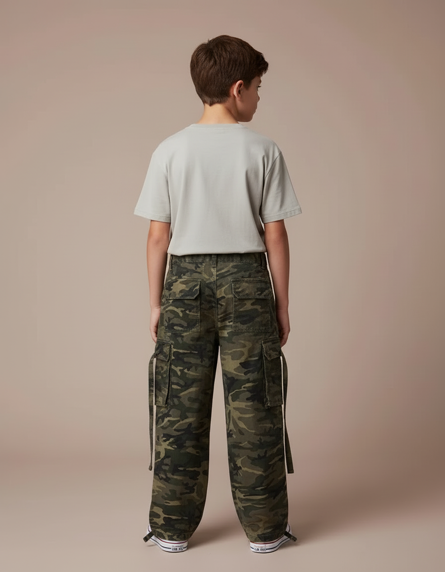 Pantalon Cargo Camouflage Ample Garçon Militaire Coton - Kaki Toile - vue 2