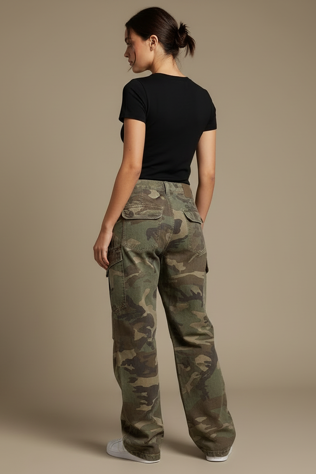 Pantalon Cargo Camouflage Ample Streetwear Multipoches Femme - Vert Toile - vue 2