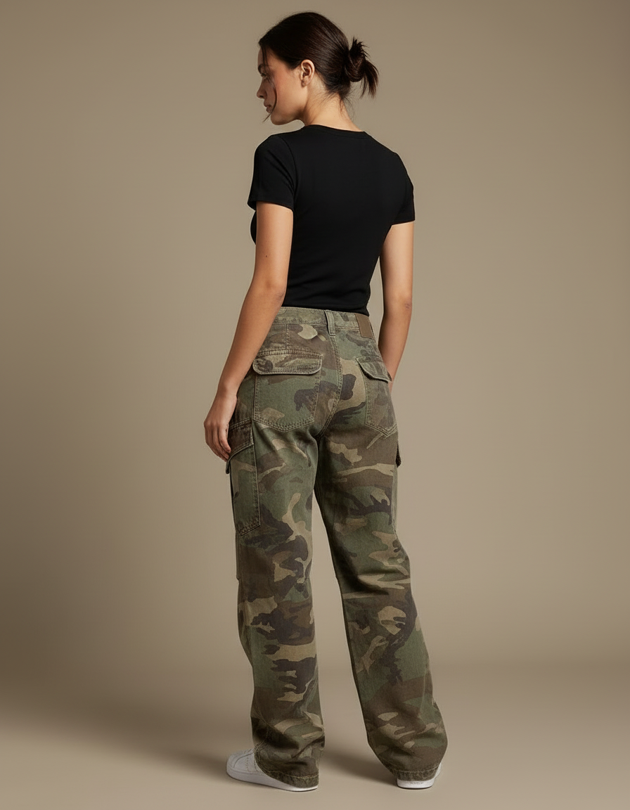 Pantalon Cargo Camouflage Ample Streetwear Multipoches Femme - Vert Toile - vue 2