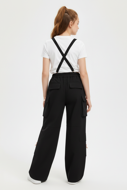 Pantalon Cargo Noir Ample Poches Nœuds Fille - Polyester - vue 2