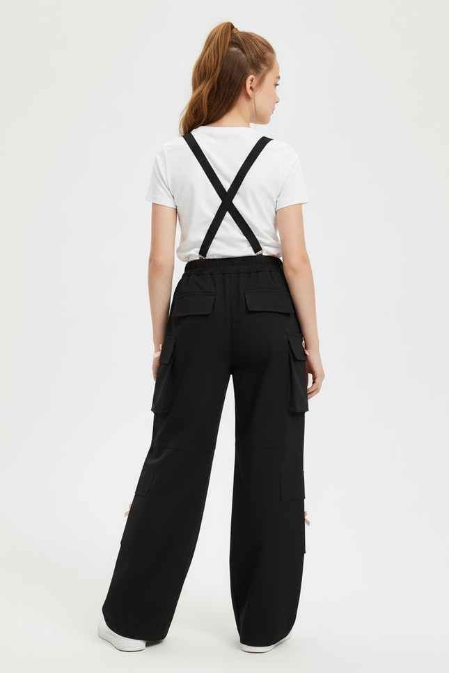 Pantalon Cargo Noir Ample Poches Nœuds Fille - Polyester - vue 2