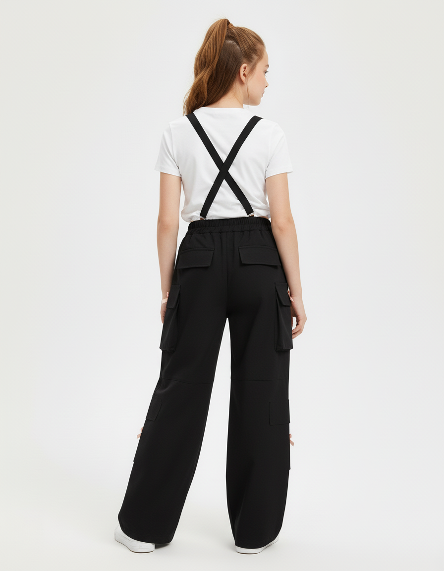 Pantalon Cargo Noir Ample Poches Nœuds Fille - Polyester - vue 2