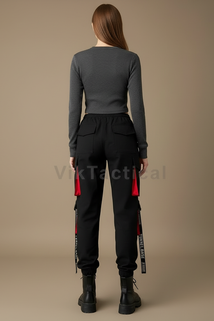 Pantalon Cargo Noir Décontracté Sangles Rouges Femme - Toile - vue 2