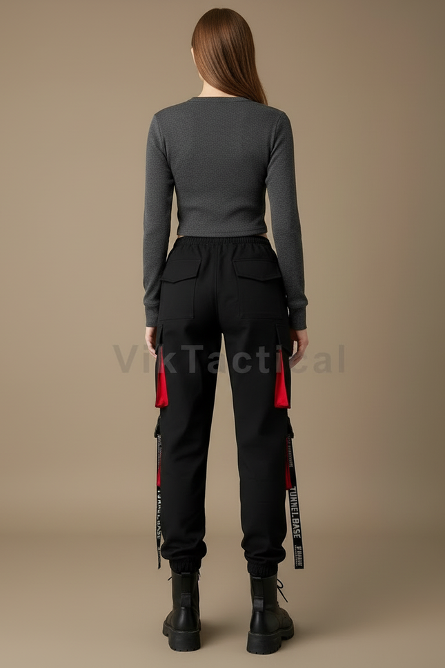 Pantalon Cargo Noir Décontracté Sangles Rouges Femme - Toile - vue 2