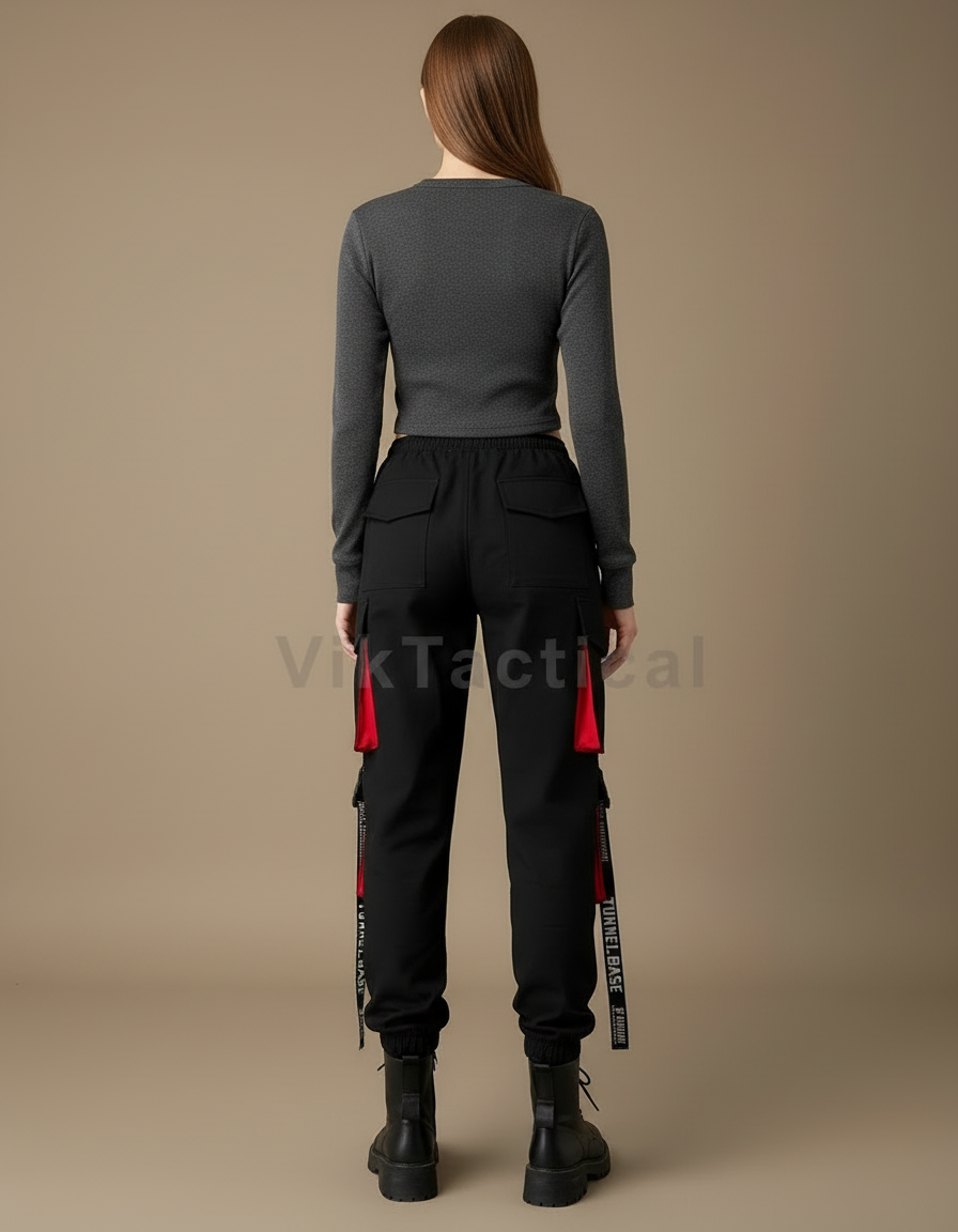 Pantalon Cargo Noir Décontracté Sangles Rouges Femme - Toile - vue 2