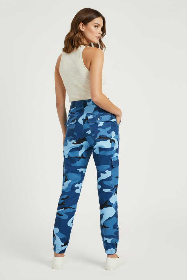 Pantalon Cargo Camouflage Bleu Ample Décontracté Femme - Toile - vue 2