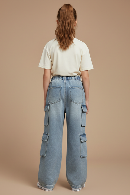 Pantalon Cargo Bleu Ample Multipoches Denim Enfant - Jean - vue 2