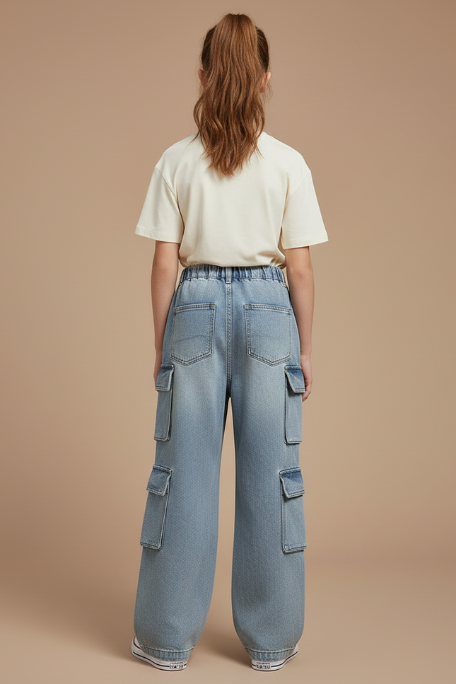 Pantalon Cargo Bleu Ample Multipoches Denim Enfant - Jean - vue 2