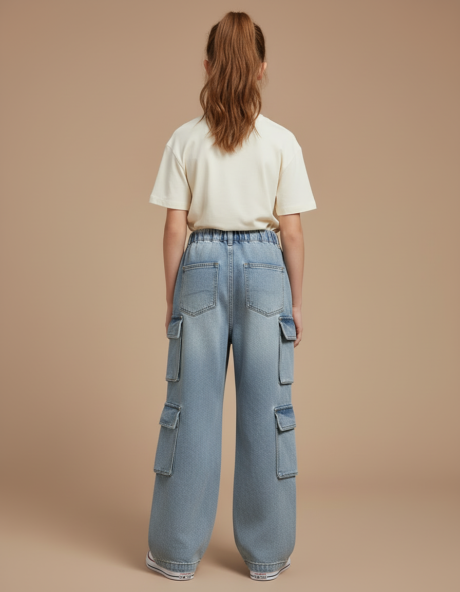 Pantalon Cargo Bleu Ample Multipoches Denim Enfant - Jean - vue 2